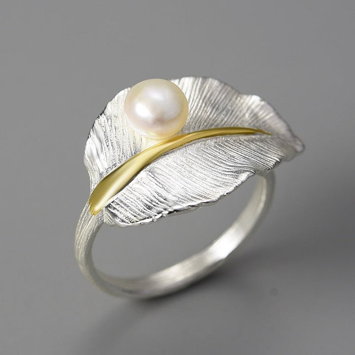 18K Gold Natural Pearl Adjustable Wedding New Leaf Rings for Women Real 925 Sterling Silver Fine Luxury Jewelry 2022 - LeisFita.com