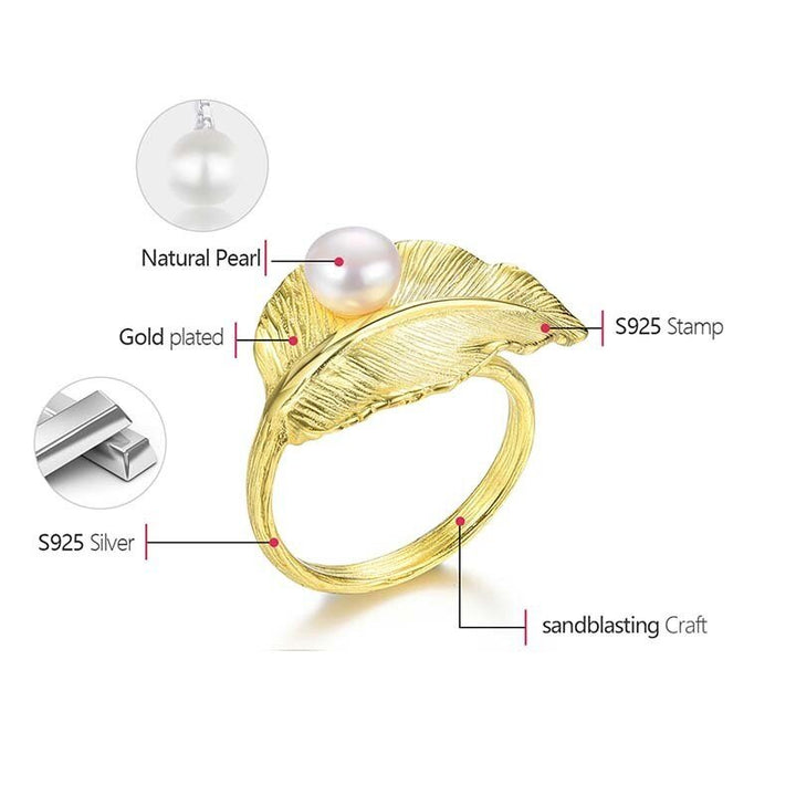 18K Gold Natural Pearl Adjustable Wedding New Leaf Rings for Women Real 925 Sterling Silver Fine Luxury Jewelry 2022 - LeisFita.com