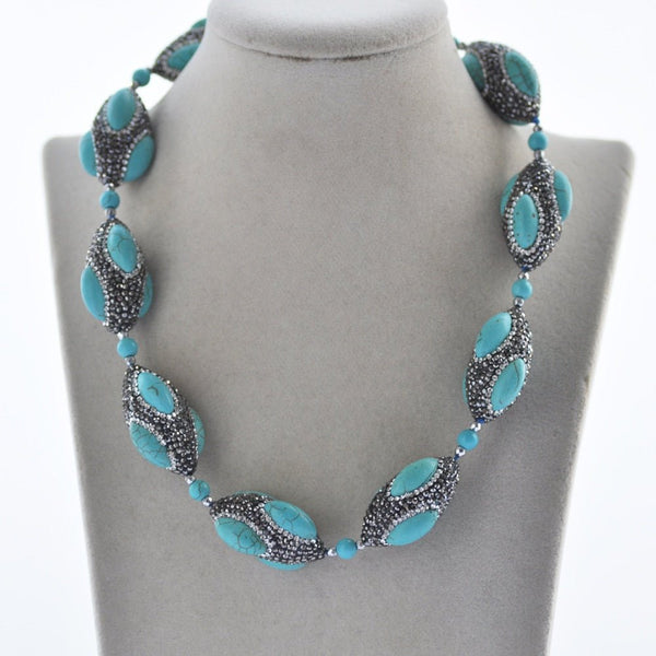 19" 34mm Blue Turquoise Shuttle CZ Bead Necklace - LeisFita.com