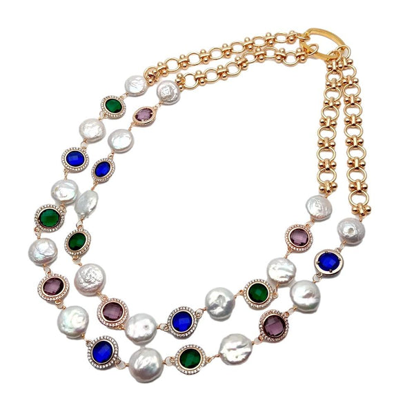 2 Rows Cultured White Coin Pearl Necklace Multi Color Crystal Gold Color Metal Chain Choker Jewelry - LeisFita.com