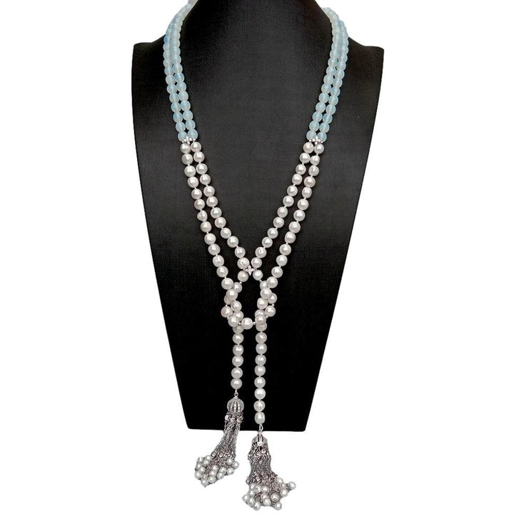 2 Rows Freshwater Cultured White Pearl Crystal Tassel Long Necklace 24&quot; - LeisFita.com