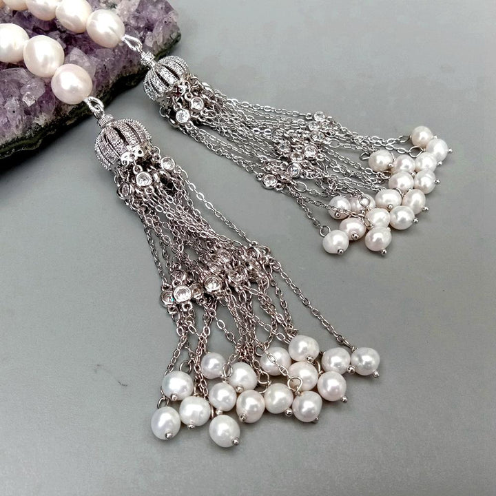 2 Rows Freshwater Cultured White Pearl Crystal Tassel Long Necklace 24&quot; - LeisFita.com