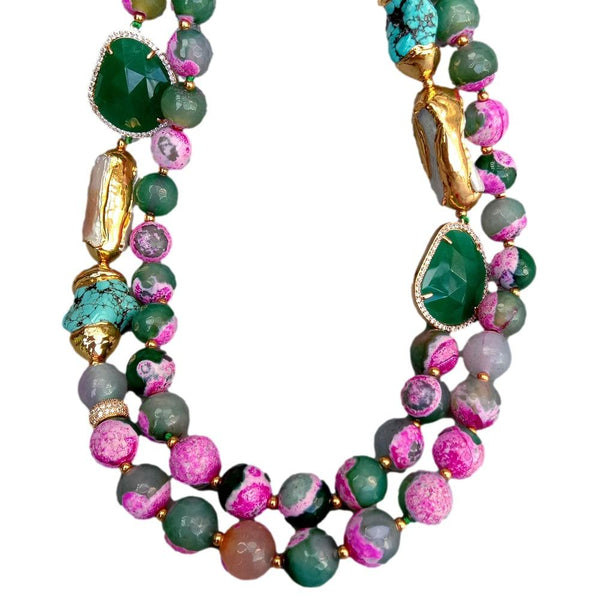 2 Rows fuchsia Green Faceted Agate White Biwa Pearl Crystal Turquoise Necklace - LeisFita.com