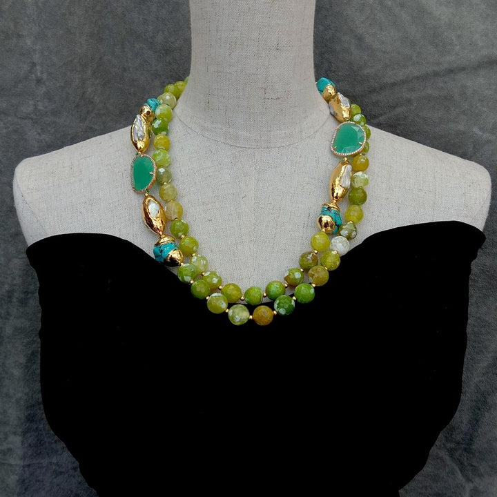 2 Rows Green Agate Blue Turquoise Crystal White Biwa Pearl Necklace Fashion Jewelry - LeisFita.com