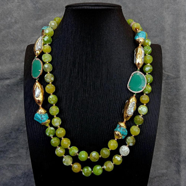 2 Rows Green Agate Blue Turquoise Crystal White Biwa Pearl Necklace Fashion Jewelry - LeisFita.com