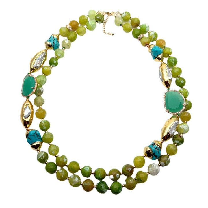 2 Rows Green Agate Blue Turquoise Crystal White Biwa Pearl Necklace Fashion Jewelry - LeisFita.com