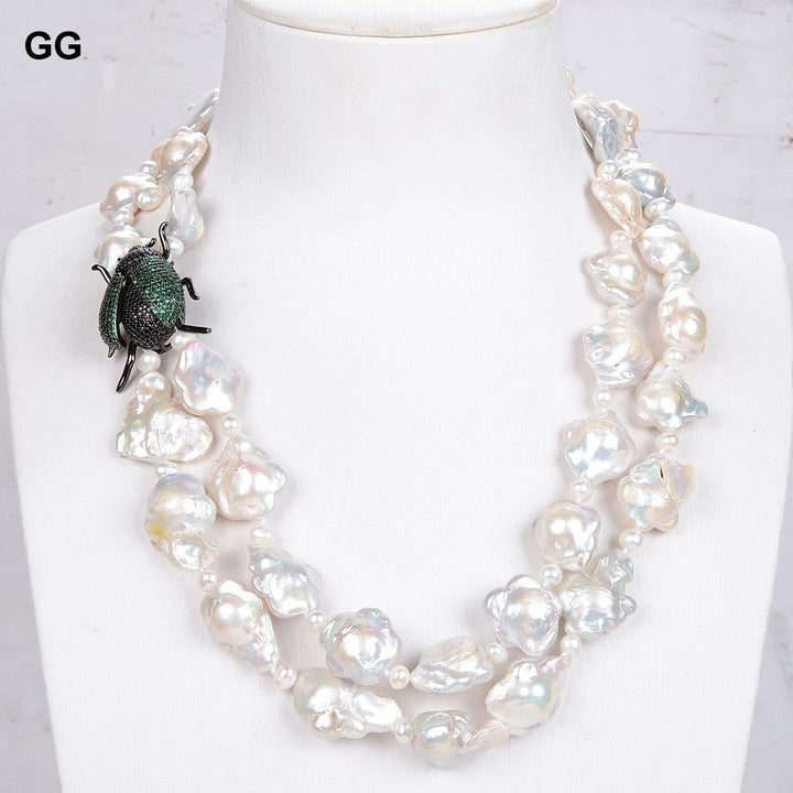 2 Strands Freshwater White Flower Keshi Pearl Necklace CZ Pave Beetle Pendant 19&quot; - LeisFita.com
