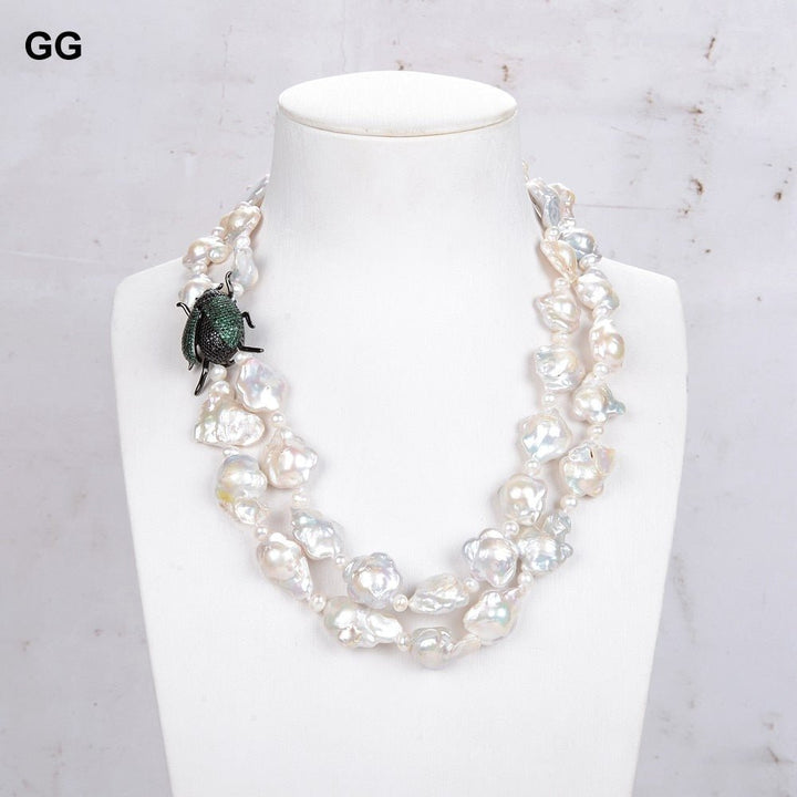 2 Strands Freshwater White Flower Keshi Pearl Necklace CZ Pave Beetle Pendant 19&quot; - LeisFita.com