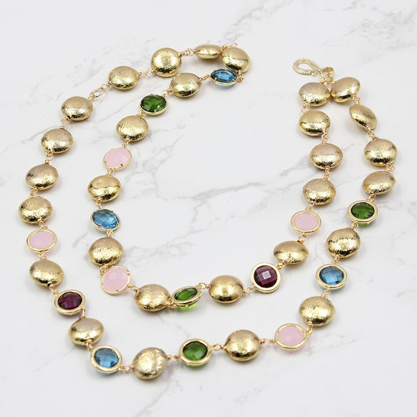 2 Strands Multi Color Coin Crystal Glass Gold Plated Brushed Bead Necklace Women Fashion Jewelry - LeisFita.com