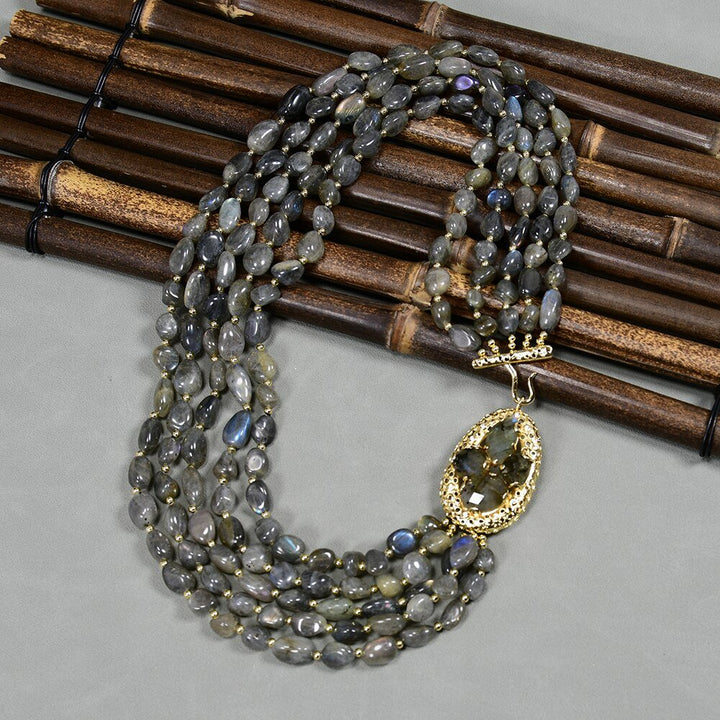 20" 5 Strands Natural Gray Labradorite Gems Stone Necklace Multi Strands Necklace Jewelry Handmade For Women - LeisFita.com