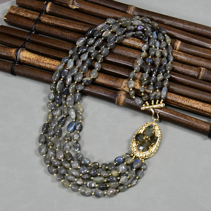 20" 5 Strands Natural Gray Labradorite Gems Stone Necklace Multi Strands Necklace Jewelry Handmade For Women - LeisFita.com