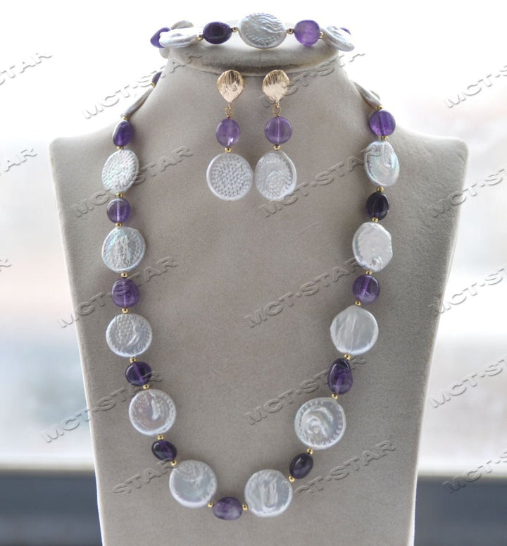 20mm White Coin Pearl Purple Baroque Amethyst Necklace Bracelet Earring set - LeisFita.com