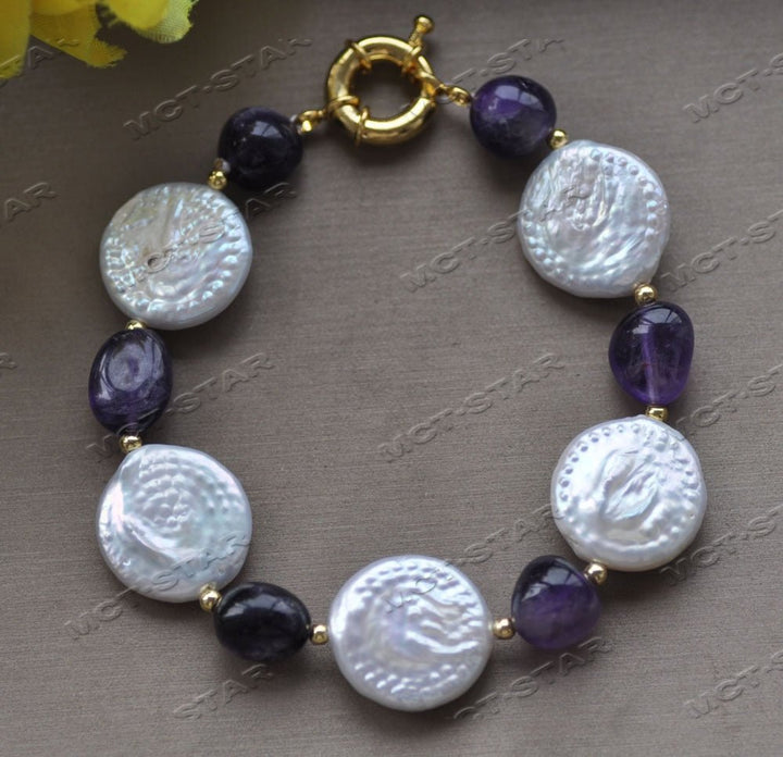 20mm White Coin Pearl Purple Baroque Amethyst Necklace Bracelet Earring set - LeisFita.com