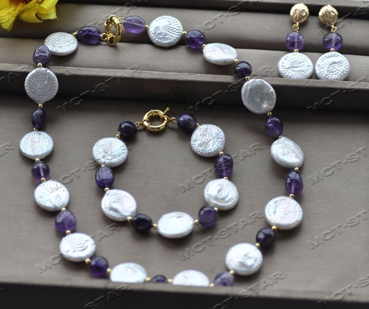 20mm White Coin Pearl Purple Baroque Amethyst Necklace Bracelet Earring set - LeisFita.com