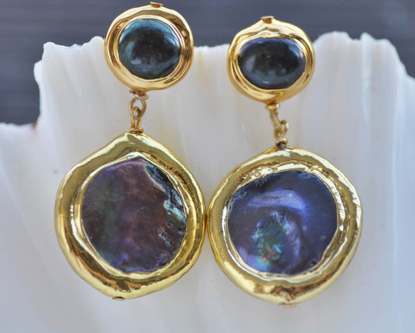 24mm Black Coin Pearl Gold plated Dangle Earring