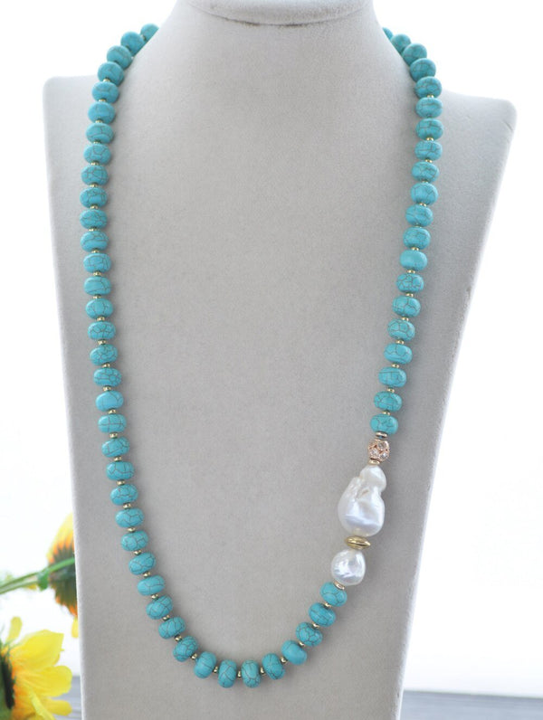 25"~32“ 24mm Baroque White Keshi Pearl Rondelle Turquoise CZ Bead Necklace Choker - LeisFita.com