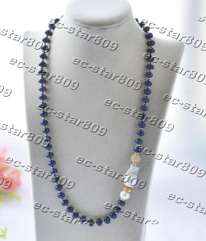 25mm Rondelle Blue Lapis Lazuli White Baroque Keshi Pearl Necklace Women Fasion Jewelry - LeisFita.com