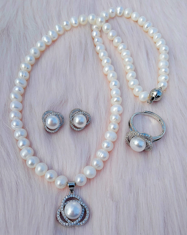 Shimmering Streams: Freshwater Pearl Necklace and Earrings Set in 925 Silver