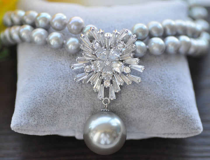 2row 18" 20mm White gray Black Round pearl Necklace Pendant Snowflake CZ - LeisFita.com