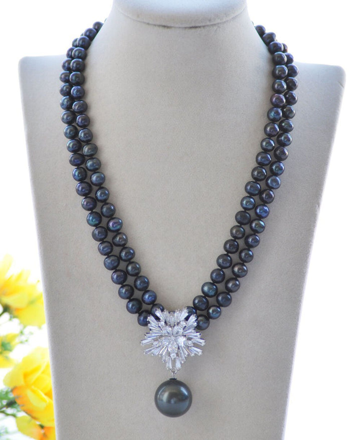 2row 18" 20mm White gray Black Round pearl Necklace Pendant Snowflake CZ - LeisFita.com