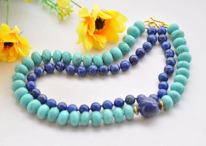 2Row 20mm Round Blue lapis-lazuli &amp; Oblate Turquoise Necklace - LeisFita.com