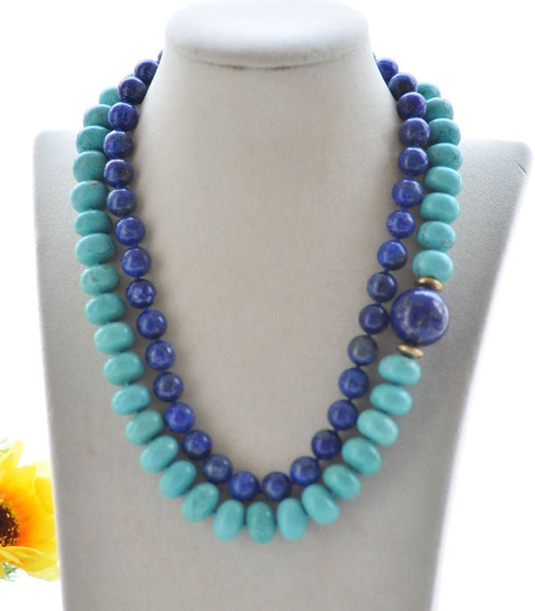 2Row 20mm Round Blue lapis-lazuli &amp; Oblate Turquoise Necklace - LeisFita.com