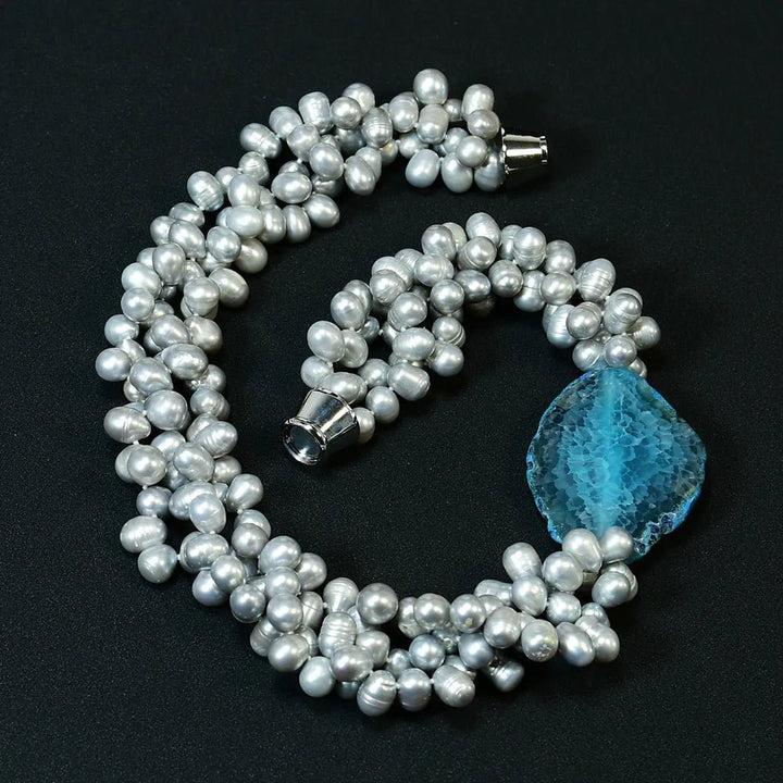 3 Rows Freshwater Cultured Silver Gray Pearl Necklace 21" Blue Agate Chunk Connector Handmade Lady Jewelry Gifts - LeisFita.com