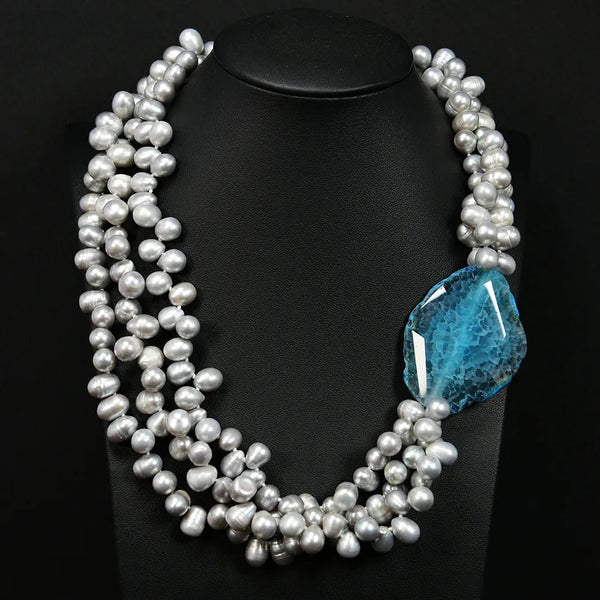 3 Rows Freshwater Cultured Silver Gray Pearl Necklace 21" Blue Agate Chunk Connector Handmade Lady Jewelry Gifts - LeisFita.com
