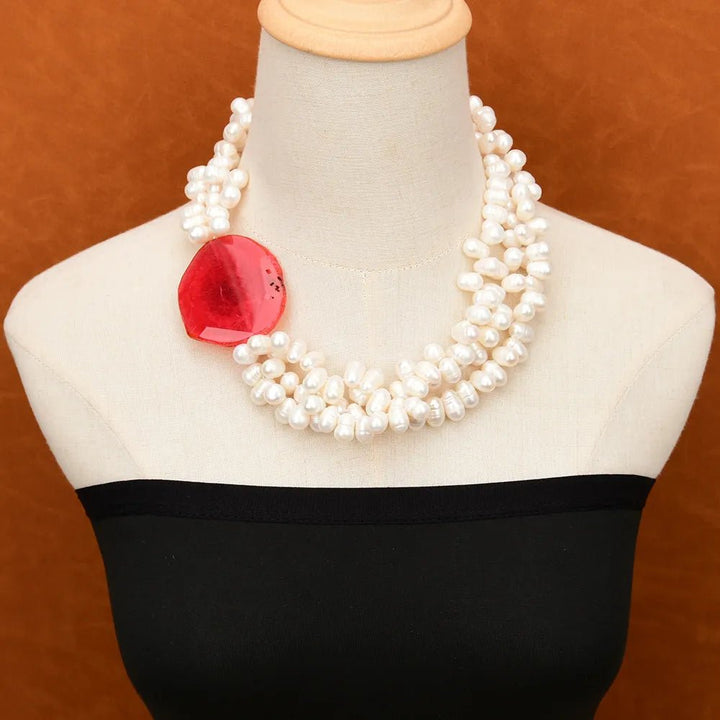 3 Rows Freshwater Cultured White Keshi Pearl Necklace 20" Red Agate Chunk Connector Pendant Handmade Lady Jewelry Gifts - LeisFita.com