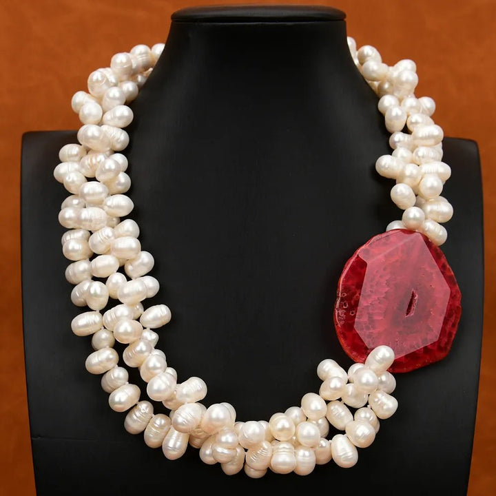3 Rows Freshwater Cultured White Keshi Pearl Necklace 20" Red Agate Chunk Connector Pendant Handmade Lady Jewelry Gifts - LeisFita.com