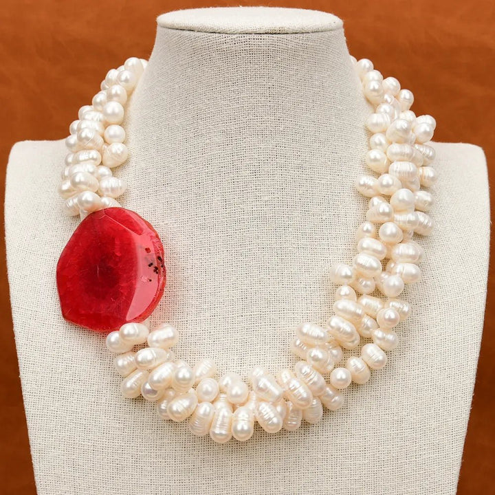 3 Rows Freshwater Cultured White Keshi Pearl Necklace 20" Red Agate Chunk Connector Pendant Handmade Lady Jewelry Gifts - LeisFita.com