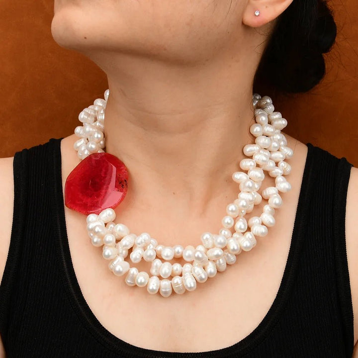 3 Rows Freshwater Cultured White Keshi Pearl Necklace 20" Red Agate Chunk Connector Pendant Handmade Lady Jewelry Gifts - LeisFita.com