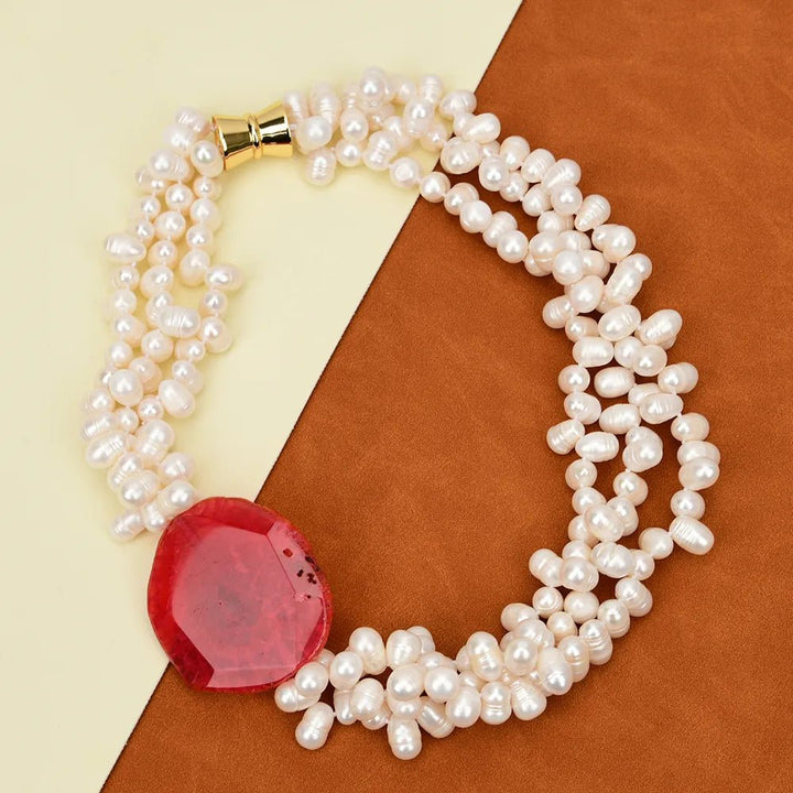 3 Rows Freshwater Cultured White Keshi Pearl Necklace 20" Red Agate Chunk Connector Pendant Handmade Lady Jewelry Gifts - LeisFita.com