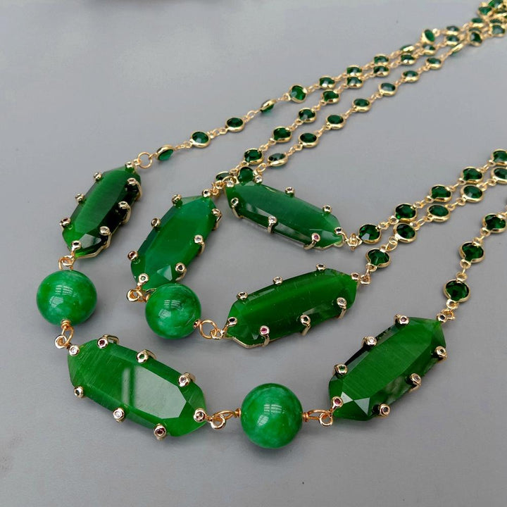 3 Rows Green Crystal Bezel Set Chain Green Cat Eye Cz set Jade Necklace 20&quot; - LeisFita.com
