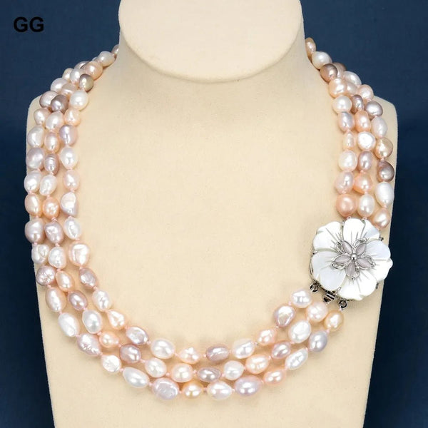 3 Rows Natural Pearl Mix Color Pink Purple White Keshi Pearl Baroque Statement Necklace For Women - LeisFita.com