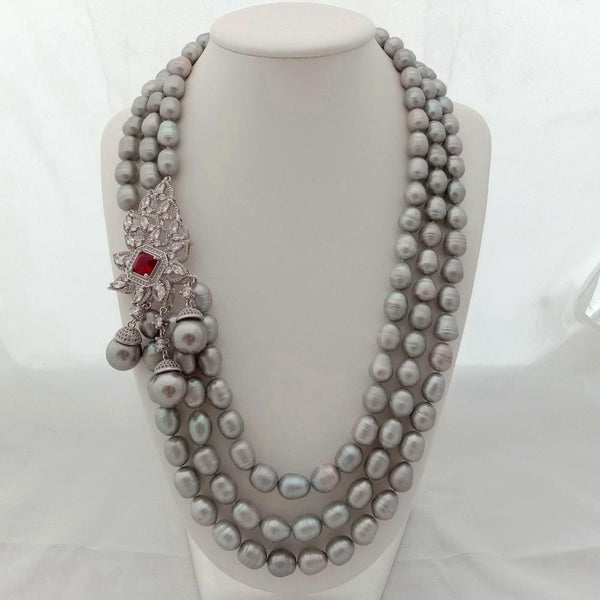 3 Strands Gray Rice freshwater Pearl Necklace Sea Shell Pear Cubic Zirconia flame shape connector necklace for women