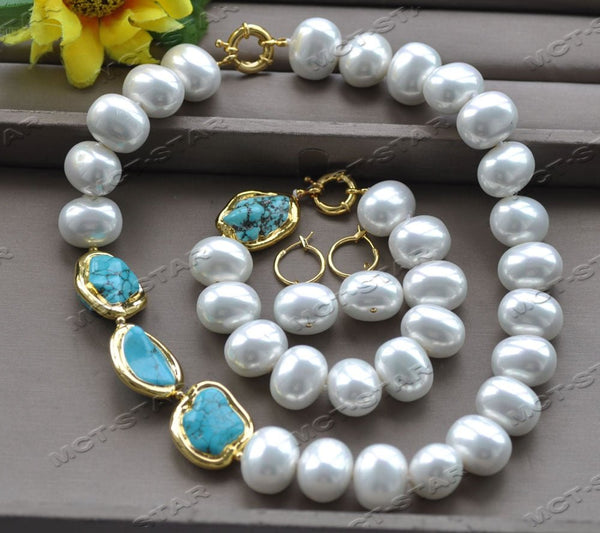 30mm Blue Baroque Turquoise White Egg Shell Pearl Necklace Bracelet Earring Set
