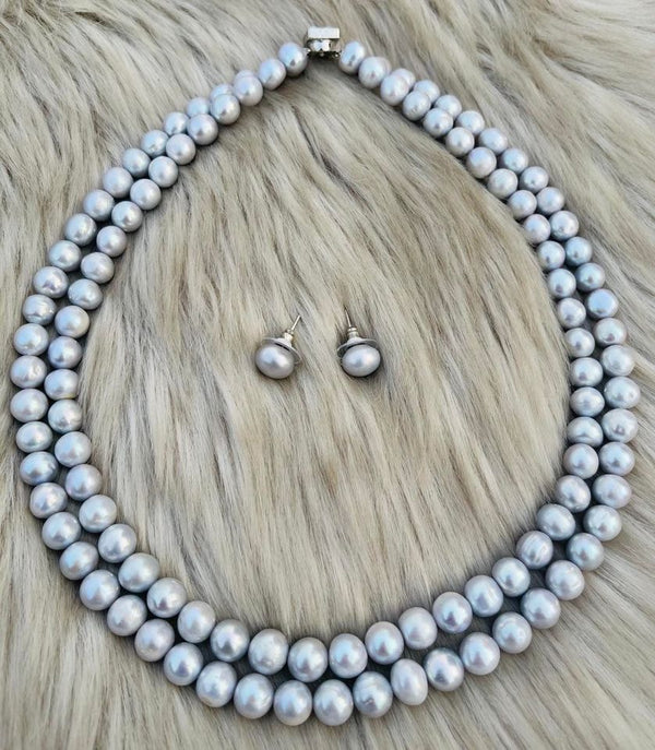 Original Fresh Water Pearl Necklace  Golden South Sea pearls Silver Color 8 MM 2 Layer