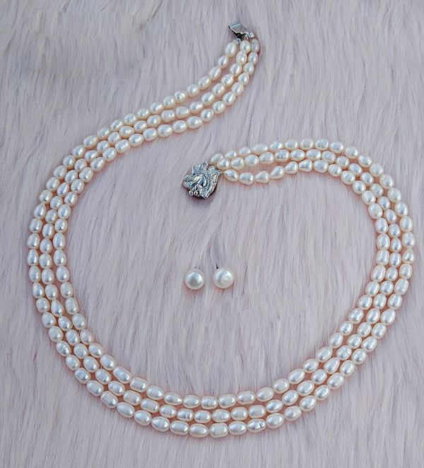 Original Fresh Water Pearl Necklace  Golden South Sea pearls White Color 8 MM Rice Pearl 3 Layer