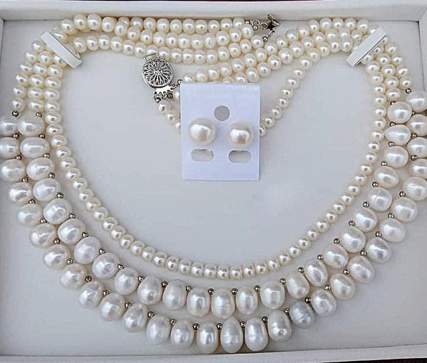 Original Fresh Water Pearl Necklace Golden South Sea pearls  White Color 10-5 MM 3 Layer
