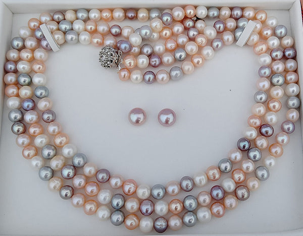 Original Fresh Water Pearl Necklace Golden South Sea pearls  Multi Color 8 MM 3 Layer