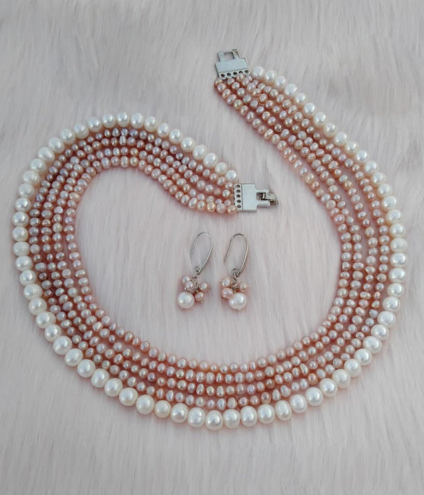 Original Fresh Water Pearl Necklace Golden South Sea pearls White And Lavender Color 5-8 MM Rice Pearl 5 Layer