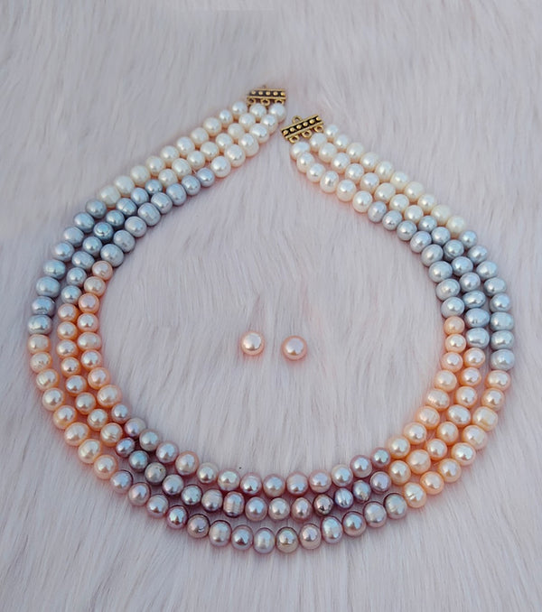 Original Fresh Water Pearl Necklace Golden South Sea pearls  Rainbow Color 8 MM 3 Layer