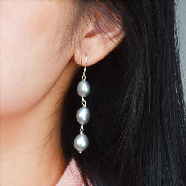 Three Pearls Dangle Fresh Water Pearl Earring