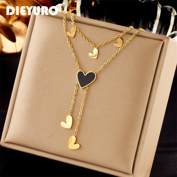 316L Stainless Steel Black Heart Pendant Necklace For Women New Vintage Girls Clavicle 2in1 Chain Jewelry Birthday Gifts