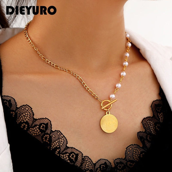 316L Stainless Steel Fashion Asymmetric Simple Thick Chain Coin Pendant Personality OT Buckle French Pearl Girl Necklace