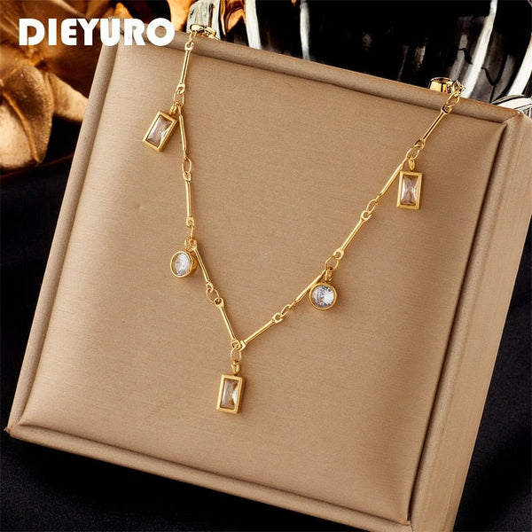 316L Stainless Steel Geometric Square Round White Zircon Pendant Necklace For Women Fashion Choker Chain Jewelry Gifts