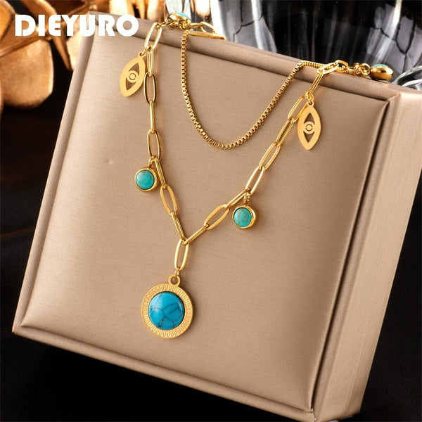 316L Stainless Steel Green Enamel Eye Long Pendant Necklace For Women Fashion Double Chain Jewelry Girls Party Gift