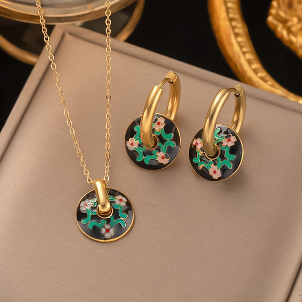 316L Stainless Steel Romantic Retro Color Enamel Round Gold Color Pendant and Ear Buckle