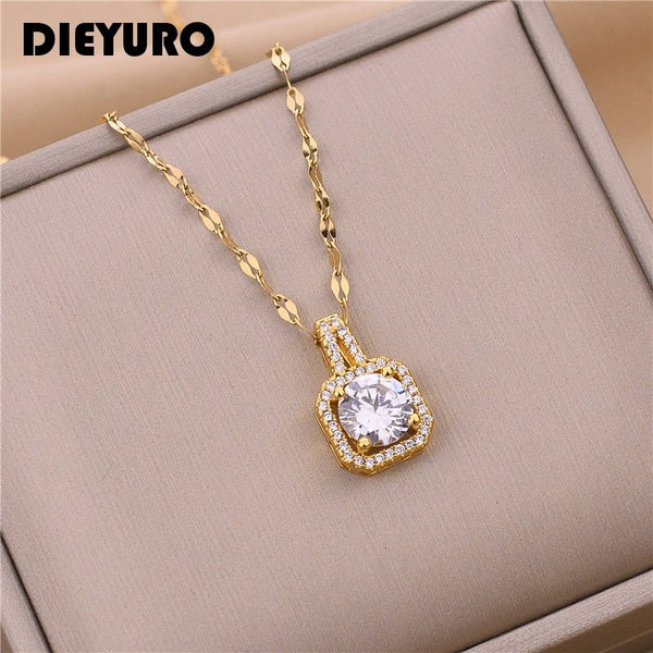 316L Stainless Steel Square 3 Color Crystal Zircon Clavicle Chain High Quality Beauty Pendant Necklace For Women Wedding